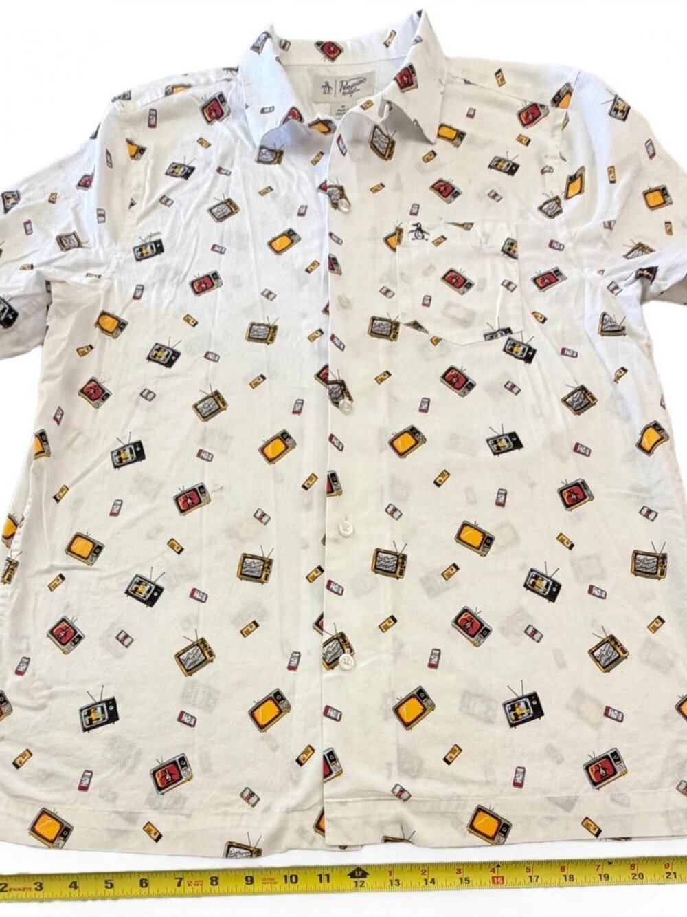 Original Penguin Shirt Mens M White Retro TV Print Short Sleeve Button Up